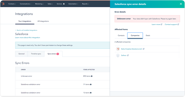 HubSpot and Salesforce Sync Errors